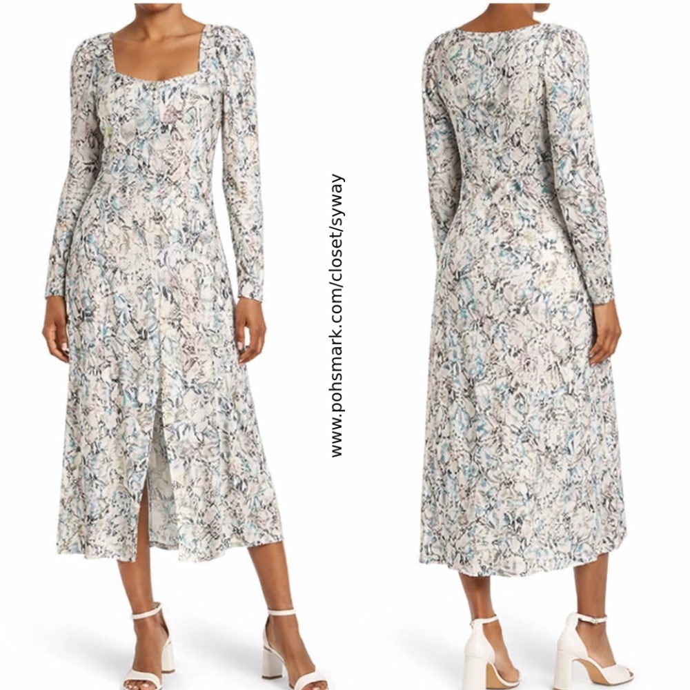 AFRM Mariska Floral Long Sleeves Square Neck Button Front Midi Dress Snake